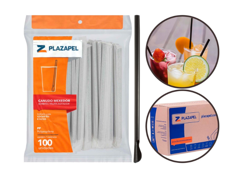 Canudo Mexedor Preto Bio Sache 6x175mm c/ 100 - Plazapel 