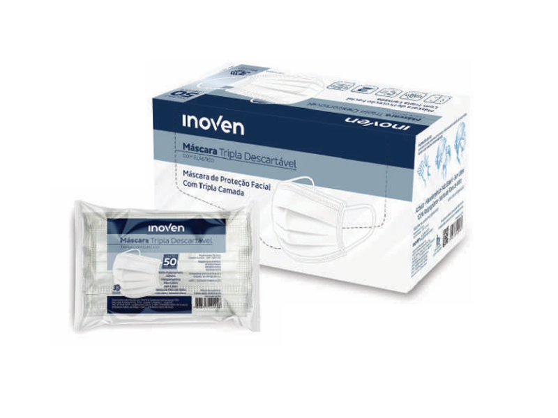 Máscara Descartável Branca Tripla - Pacote com 50 Unidades